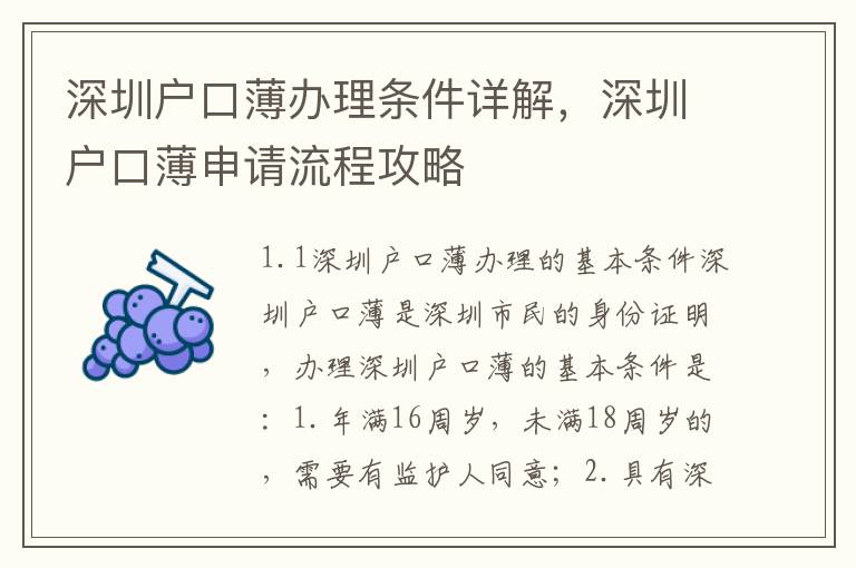 深圳户口薄办理条件详解，深圳户口薄申请流程攻略
