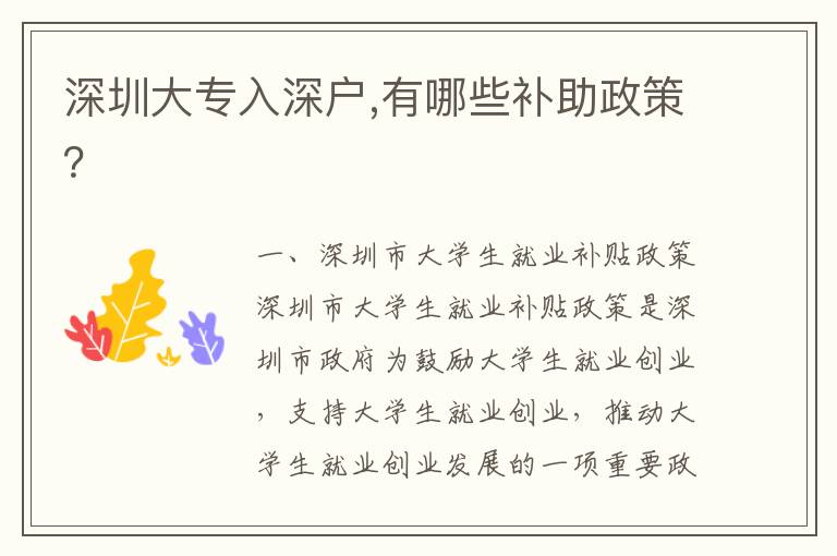 深圳大专入深户,有哪些补助政策？