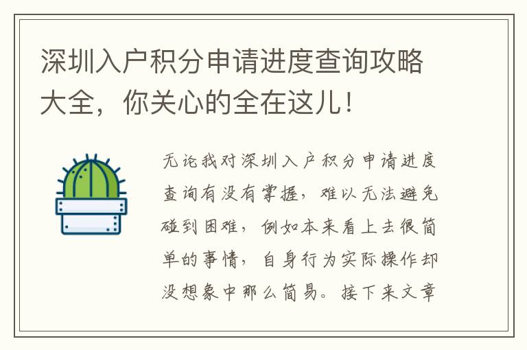 深圳入户积分申请进度查询攻略大全，你关心的全在这儿！