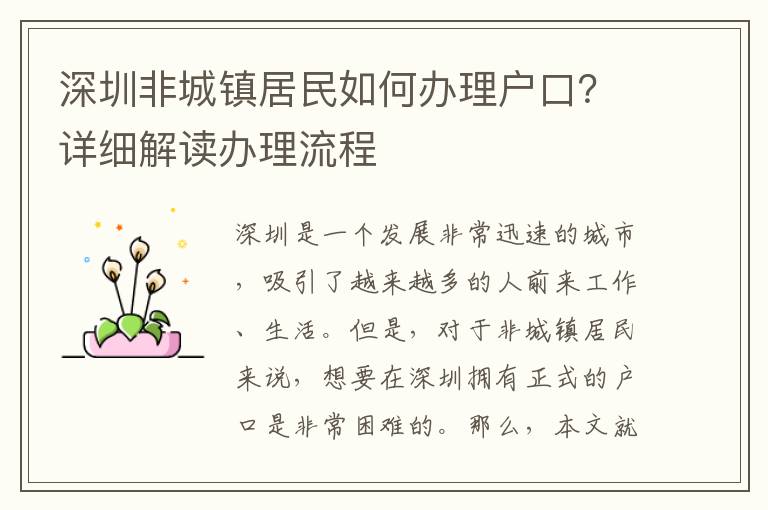 深圳非城镇居民如何办理户口？详细解读办理流