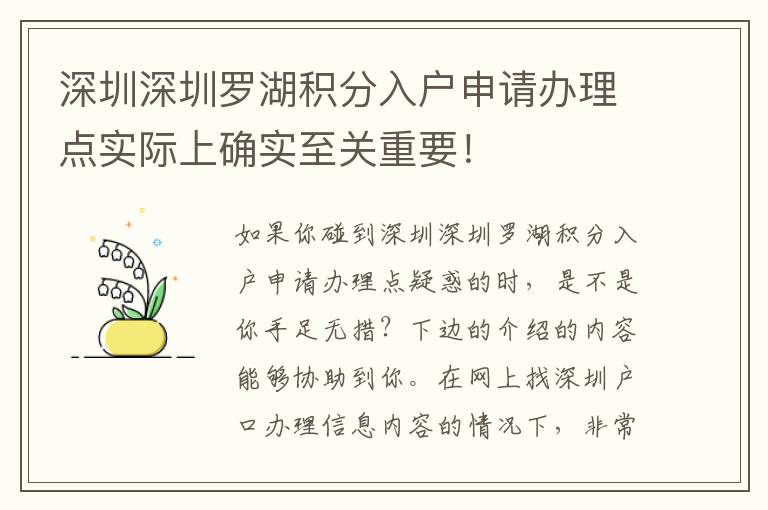 深圳深圳罗湖积分入户申请办理点实际上确实至关重要！