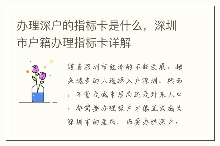 办理深户的指标卡是什么，深圳市户籍办理指标