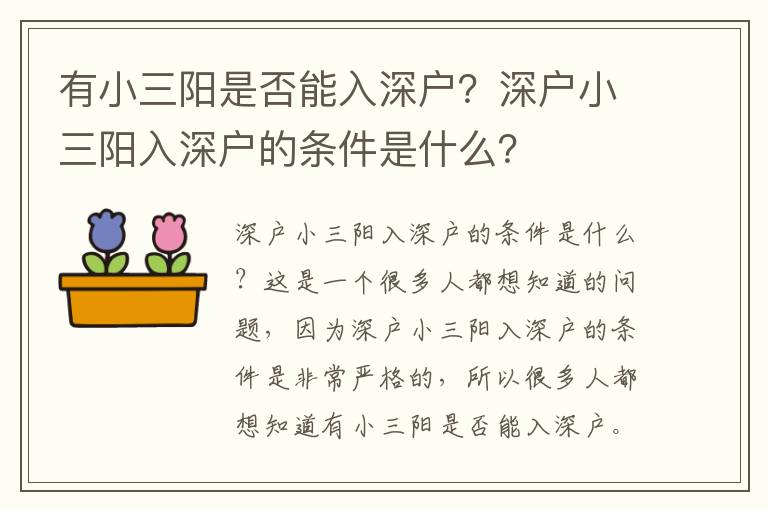 有小三阳是否能入深户？深户小三阳入深户的条件是什么？