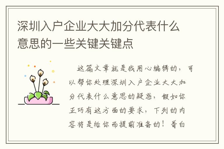 深圳入户企业大大加分代表什么意思的一些关键关键点
