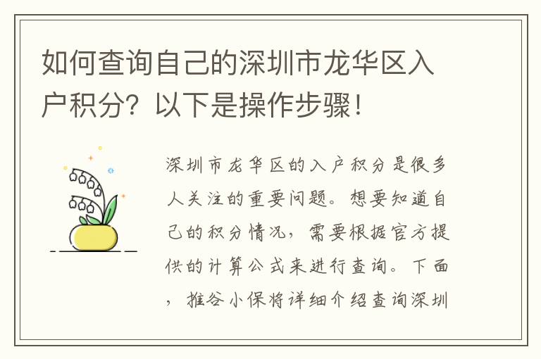 如何查询自己的深圳市龙华区入户积分？以下是