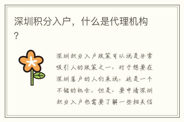深圳积分入户，什么是代理机构？