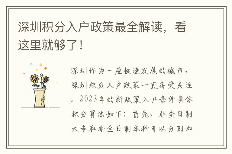 深圳积分入户政策最全解读，看这里就够了！