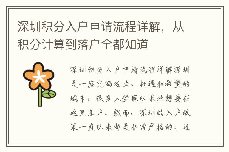 深圳积分入户申请流程详解，从积分计算到落户
