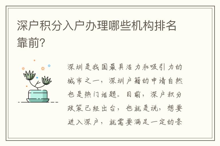 深户积分入户办理哪些机构排名靠前？