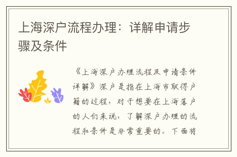 上海深户流程办理：详解申请步骤及条件
