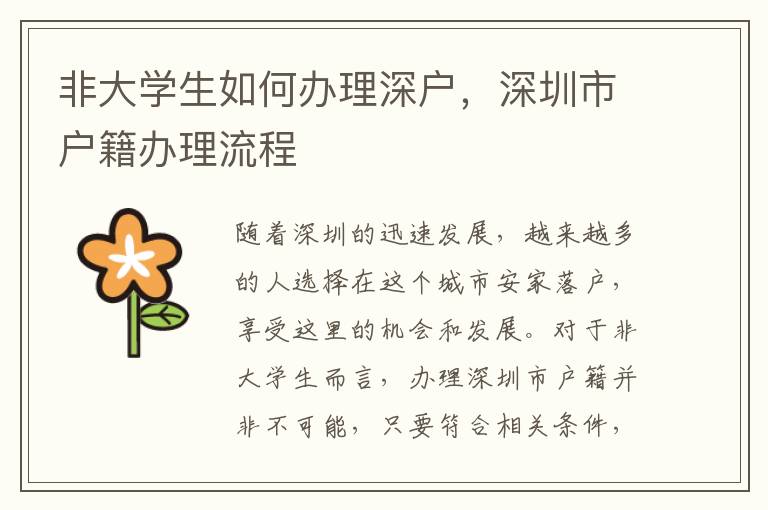 非大学生如何办理深户，深圳市户籍办理流程