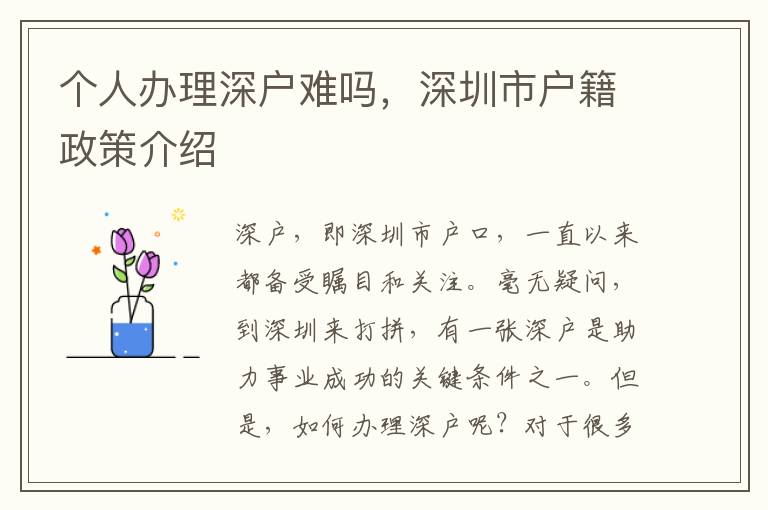 个人办理深户难吗，深圳市户籍政策介绍