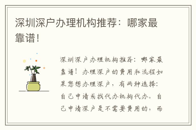 深圳深户办理机构推荐：哪家最靠谱！