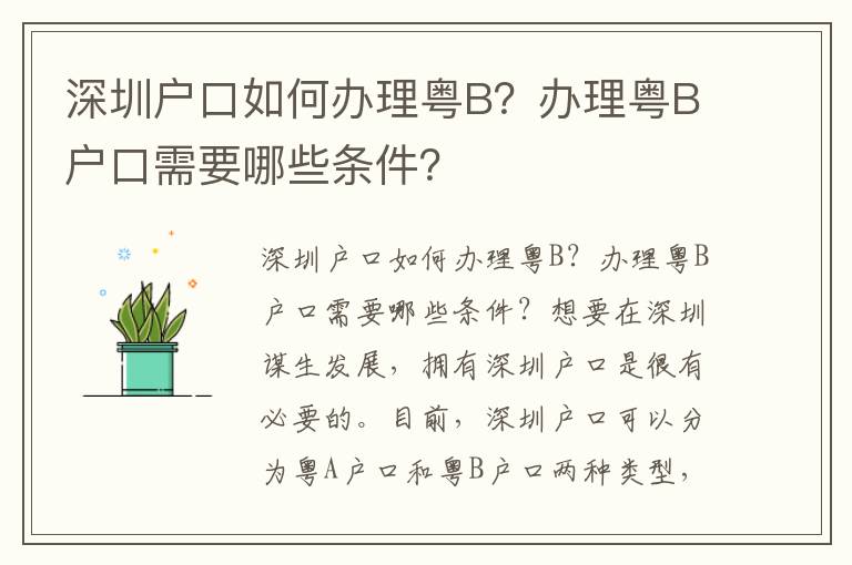深圳户口如何办理粤B？办理粤B户口需要哪些条