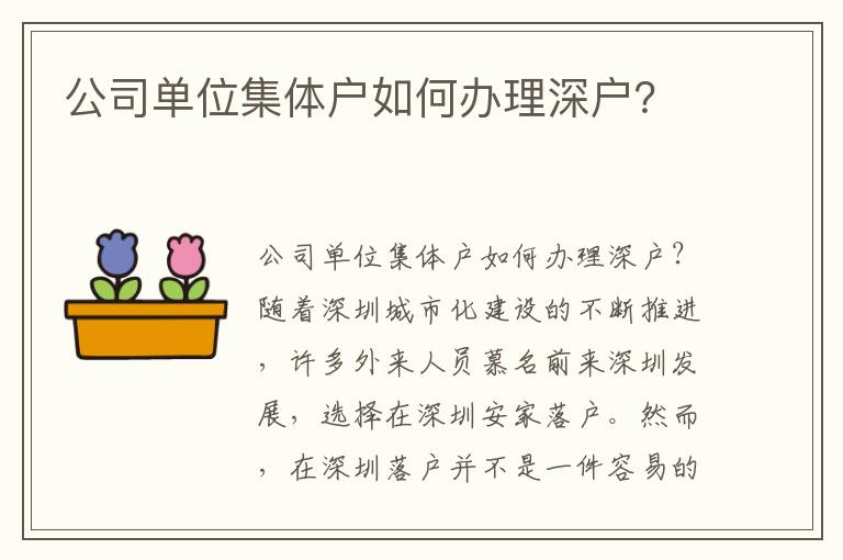 公司单位集体户如何办理深户？