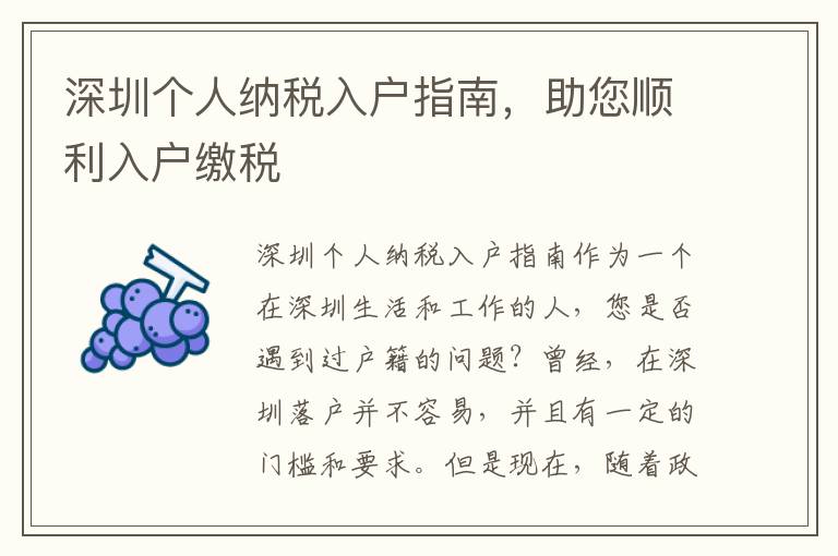 深圳个人纳税入户指南，助您顺利入户缴税